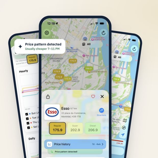 LitrePro showing Québec fuel prices and price history on mobile phones